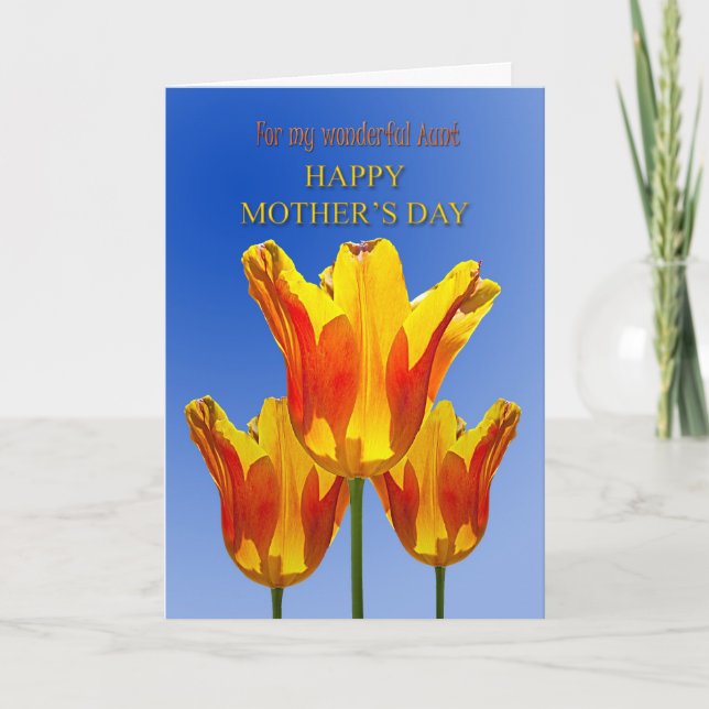 Tarjeta Día de la tía Madre, tulipanes llenos de sol (Anverso)