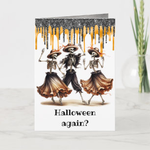 Tarjeta Día de las Brujas Esqueletos Bailarines Divertidos