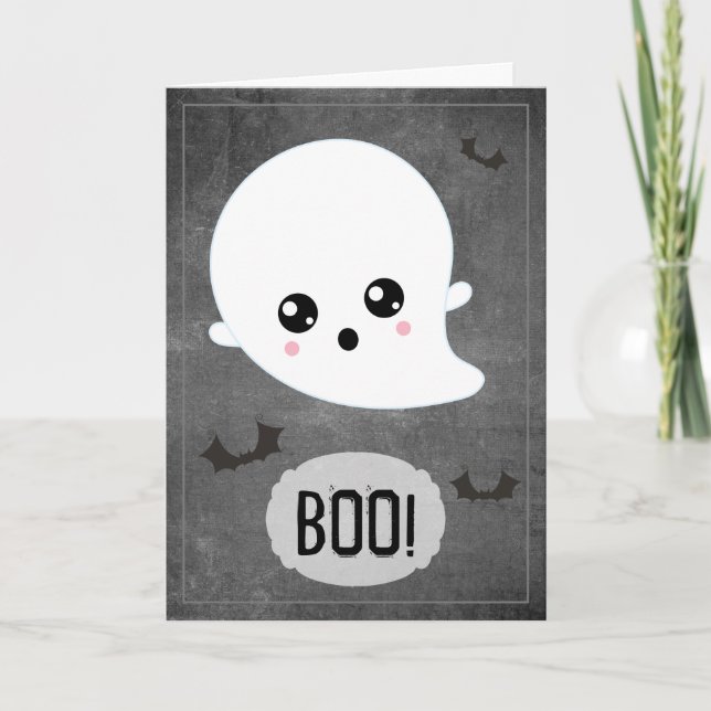 Tarjeta Día de las Brujas Fantasma Kawaii (Anverso)