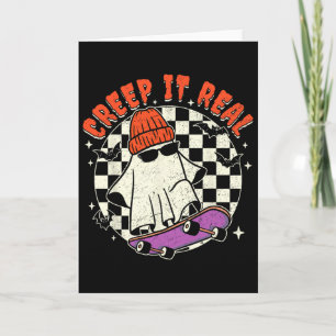Tarjeta Día de las Brujas Fantasma Skateboarding Retro 