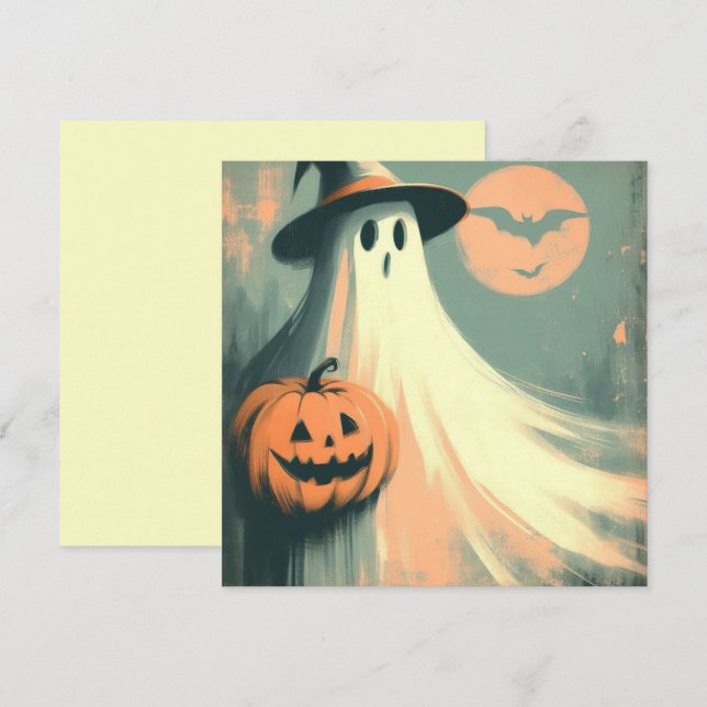 Tarjeta Día de las Brujas Fantasma y Calabaza Espeluznante (Anverso / Reverso)