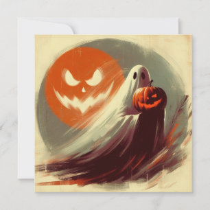 Tarjeta Día de las Brujas Fantasma y Calabaza Espeluznante
