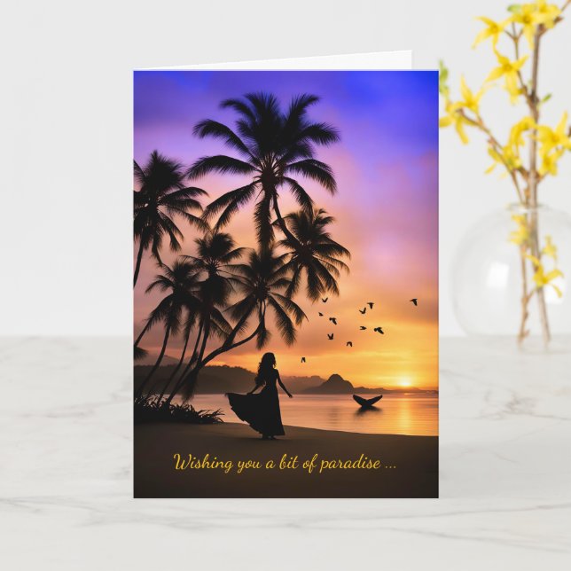 Tarjeta Día de las Madres Paraíso de Playa Tropical con Pa (flor amarilla)