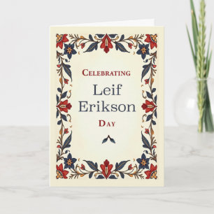 Tarjeta Día de Leif Erikson Borde de Arte Folclórico Escan