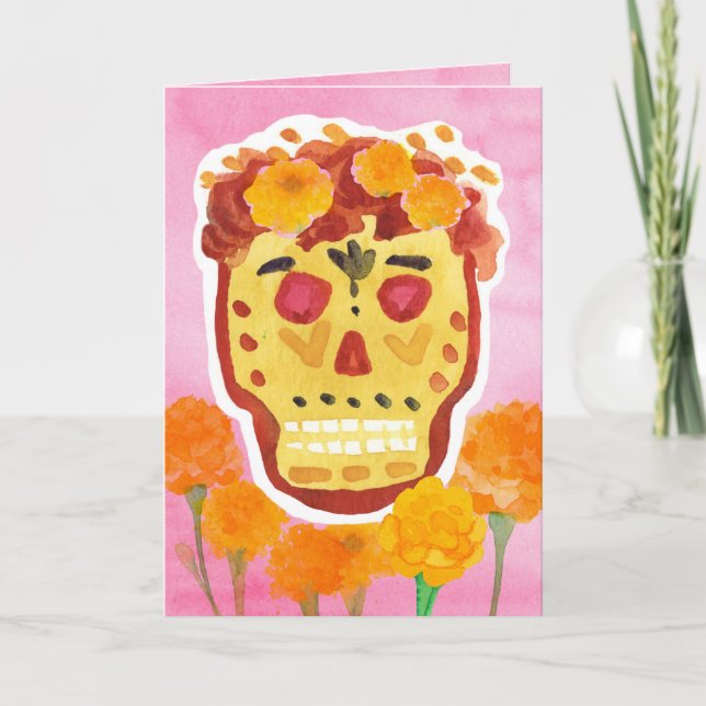 Tarjeta Dia de los Muertos Day of the Dead Skull Marigolds (Anverso)