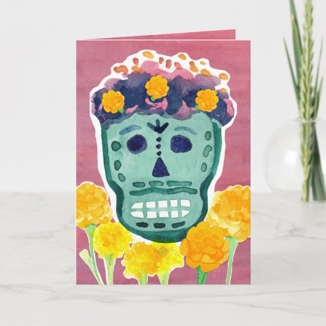 Tarjeta Dia de los Muertos Day of the Dead Skull Marigolds (Anverso)