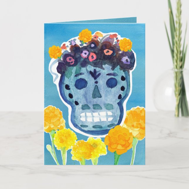 Tarjeta Dia de los Muertos Day of the Dead Skull Marigolds (Anverso)