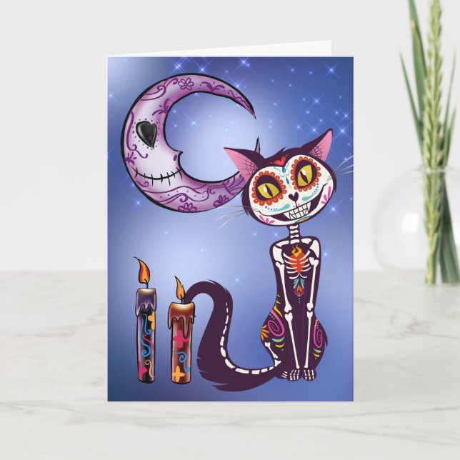 Tarjeta Día de los Muertos del mes y gato (Anverso)