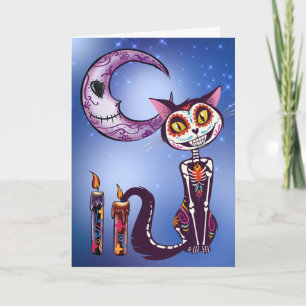 Tarjeta Día de los Muertos Luna y Gato