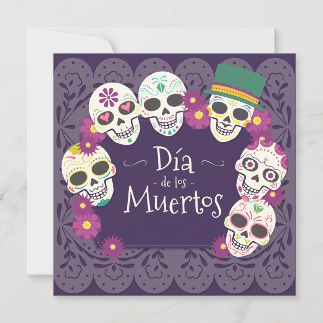 Tarjeta Día de los Muertos máscaras de cráneo muertos (Anverso)