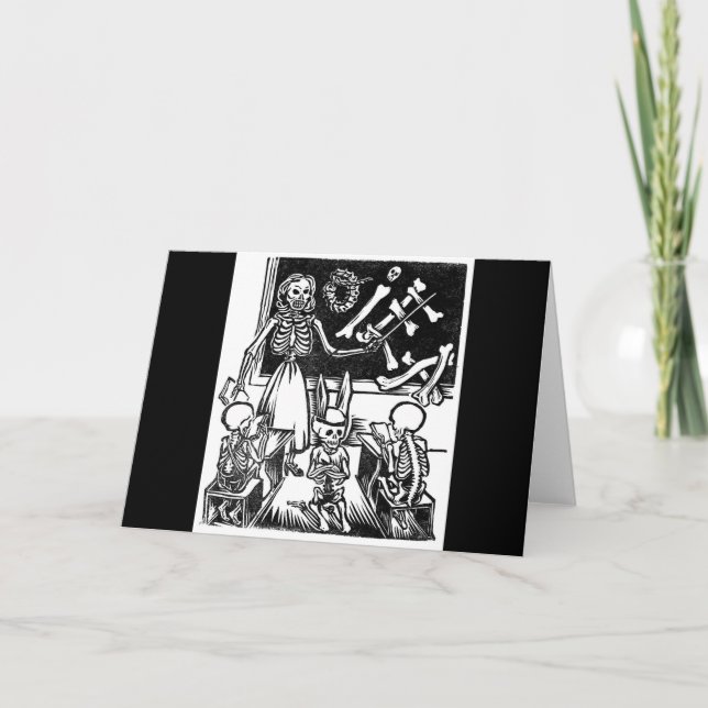 Tarjeta "Día de los muertos": profesor de esqueleto y estu (Anverso)