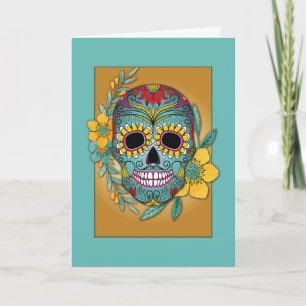 Tarjeta Día de Muertos Calavera y Flor de Zempasúchil y Ve