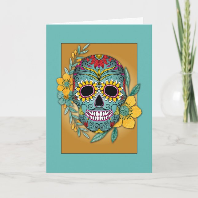 Tarjeta Día de Muertos Verde Azul y Calavera de Marigold y (Anverso)