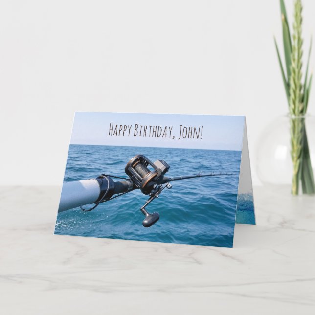 Tarjeta Día de nacimiento del carrete de pesca sobre el ag (Anverso)