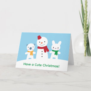 Tarjeta Día de nieve Kawaii con Navidad de conejo y oso