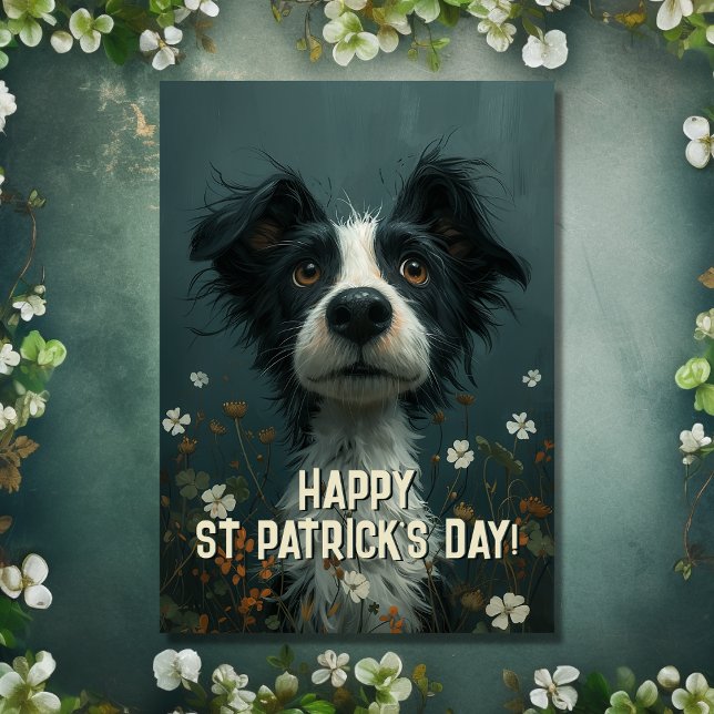 Tarjeta Día de San Patricio (Front - Cute Scruffy Dog and Shamrocks St Patrick's Day Card)