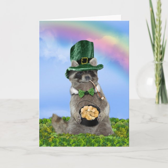 Tarjeta Día de San Patricio - Afortunado mapache (Anverso)