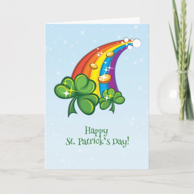 Tarjeta Día de San Patricio, Arcoiris, Shamrock, monedas d (Anverso)