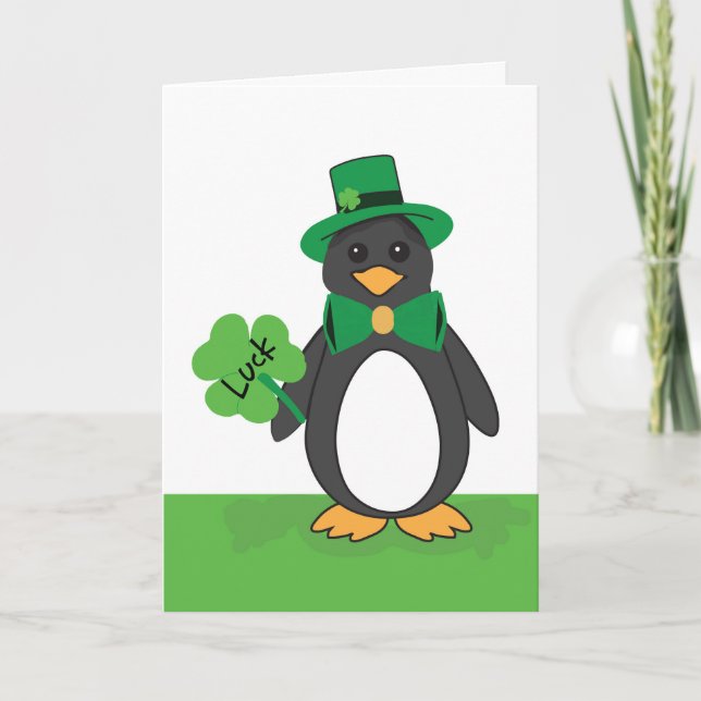 Tarjeta Día de San Patricio Divertido Pingüino Afortunado (Anverso)