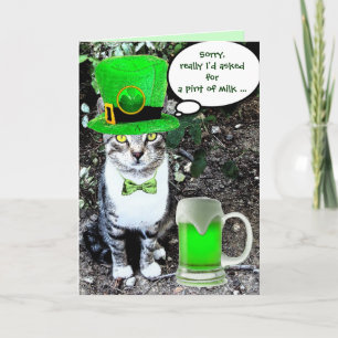 TARJETA DÍA DE SAN PATRICIO GATO CON CERVEZA IRLANDESA VER