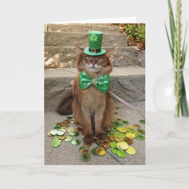 Tarjeta Día de San Patricio Leprechaun Gato Somalí con Som (Anverso)