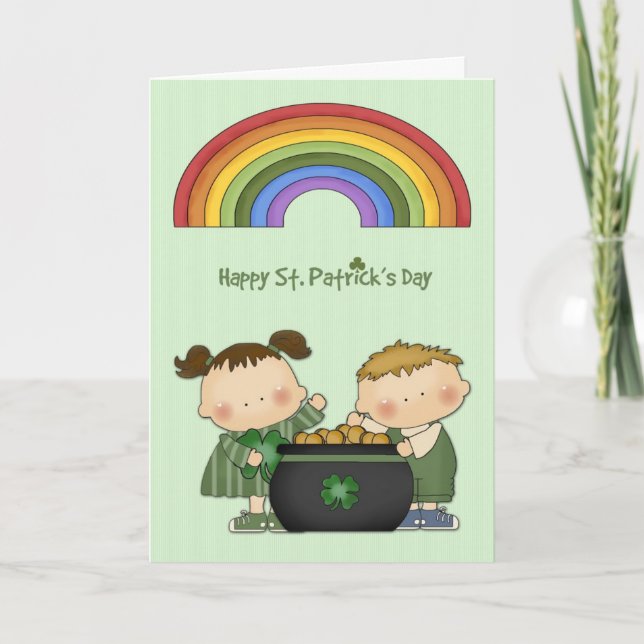 Tarjeta Día de San Patricio, olla de oro, arcoiris, niños (Anverso)
