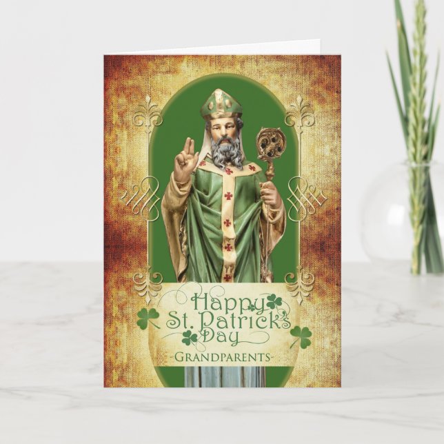 Tarjeta Día de San Patricio para los abuelos con estatua (Anverso)