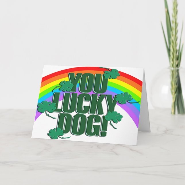 Tarjeta Día de San Patricio, Perro afortunado y Arcoiris (Anverso)