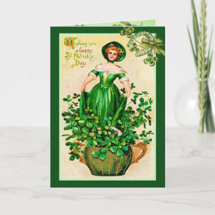 Tarjeta Día de San Patricio vintage chica irlandesa con tr