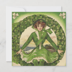Tarjeta Día de San Patricio vintage, corona con muchacha i