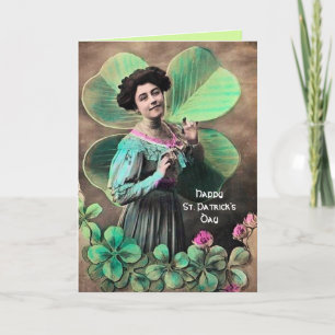 TARJETA DÍA DE SAN PATRICKO SEÑORA Y TRÉBOLES AFORTUNADOS 