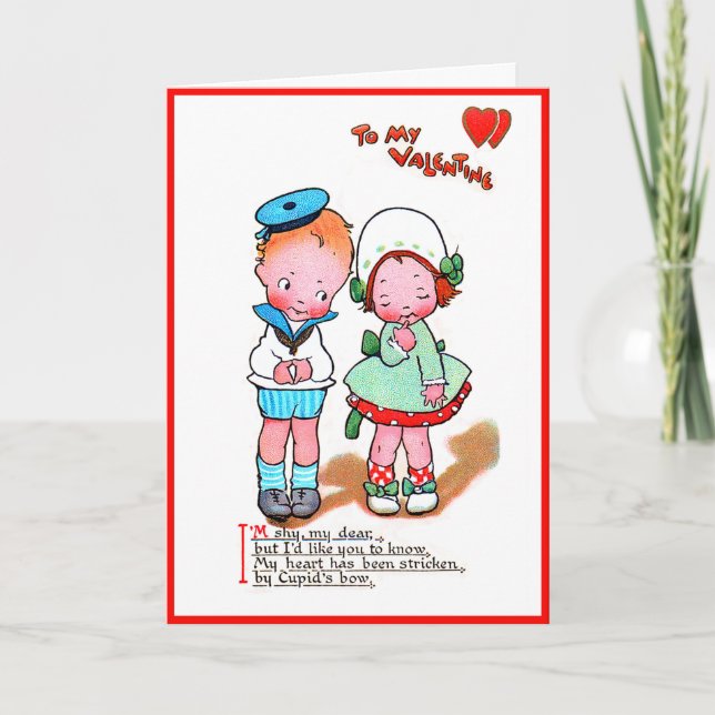 Tarjeta Día de San Valentín Antiguo Muñeca y Muñeco Con Co (Anverso)