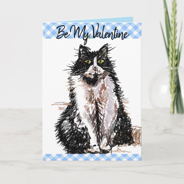 Tarjeta Día de San Valentín blanco negro de dibujos de gat (Anverso)