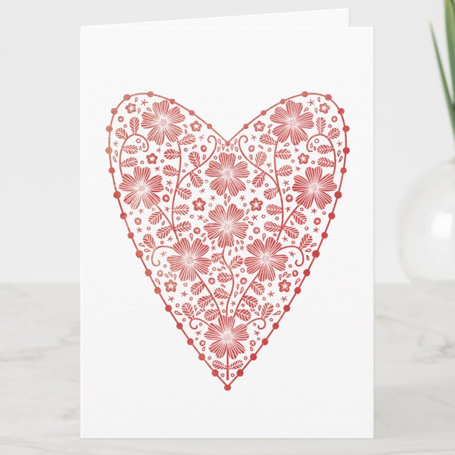 Tarjeta Día de San Valentín Blanco Rojo Escandinavo del Co (Scandinavian folk floral red and white heart personalized Valentine's card)