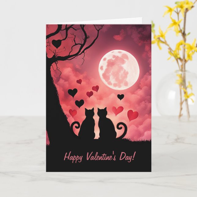 Tarjeta Día de San Valentín con Gatos Corazones de la Luna (flor amarilla)