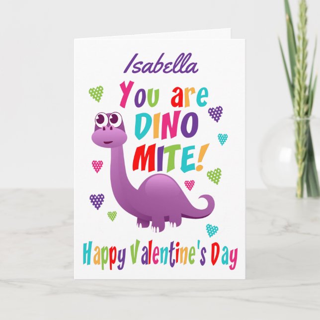 Tarjeta Día de San Valentín de dinosaurios morados (Anverso)
