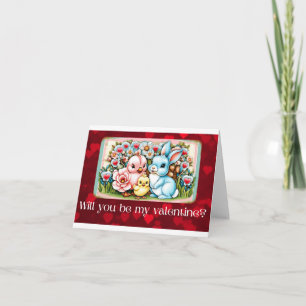 Tarjeta Día de San Valentín de pollito y conejo 
