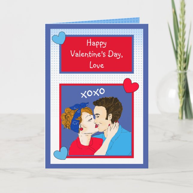 Tarjeta Día de San Valentín de xoxo Retro Couple Kissing (Anverso)