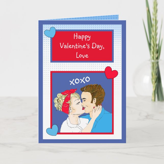Tarjeta Día de San Valentín de xoxo Retro Couple Kissing (Anverso)