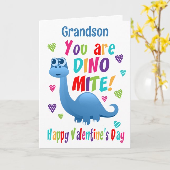 Tarjeta Día de San Valentín del nieto Dinosaurio (flor amarilla)