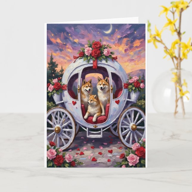 Tarjeta Día de San Valentín del perro Akita (flor amarilla)