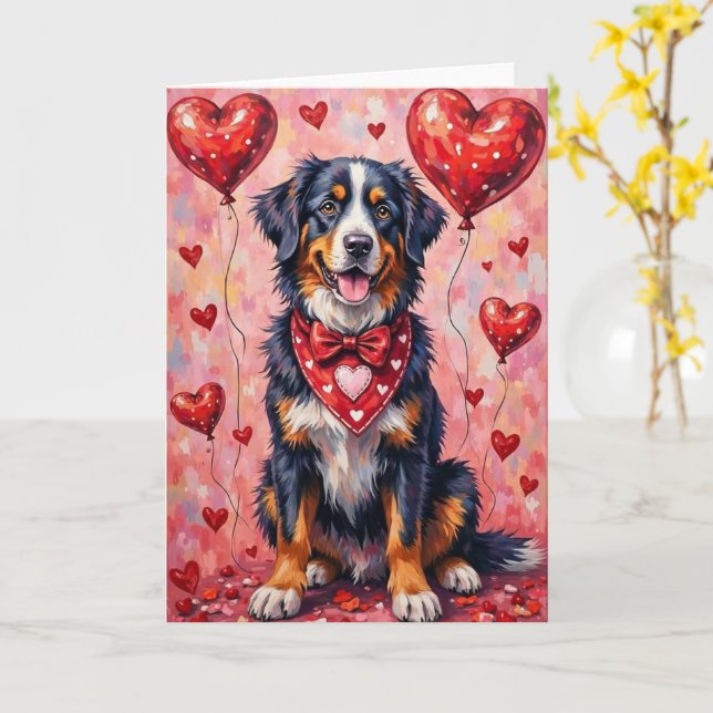 Tarjeta Día de San Valentín del perro de montaña de Berna  (flor amarilla)