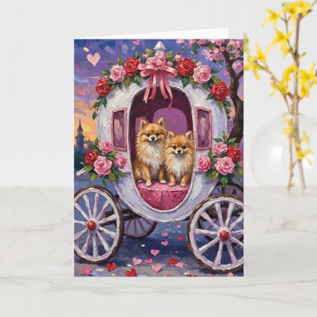 Tarjeta Día de San Valentín del perro pomerania  (flor amarilla)