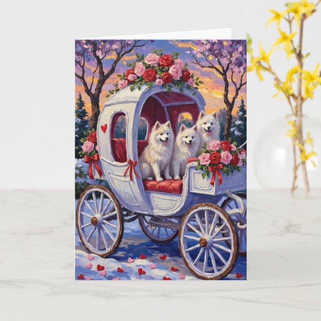 Tarjeta Día de San Valentín del perro Samoyedo  (flor amarilla)