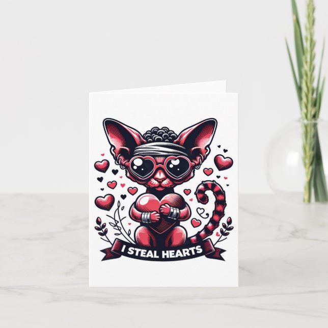 Tarjeta Día de San Valentín Gato Devon Rex Roba Corazones  (Anverso)