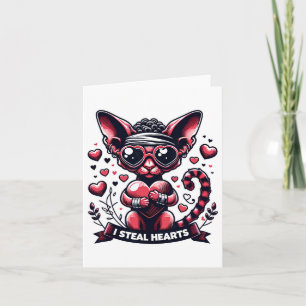 Tarjeta Día de San Valentín Gato Devon Rex Roba Corazones 