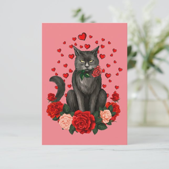 Tarjeta Día de San Valentín Gato Negro Chicas Teena Oficia (Anverso de pie)