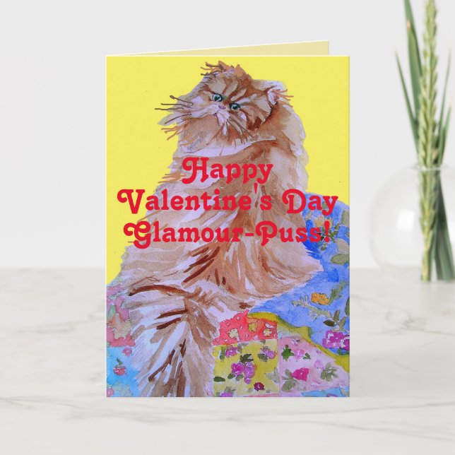 Tarjeta Día de San Valentín Glamour-Puss Fluffy Cat & Quil (Anverso)