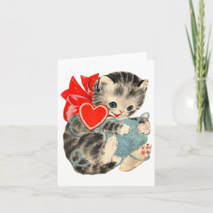 Tarjeta Día de San Valentín Kitty Cat Yarn Cute Retro V