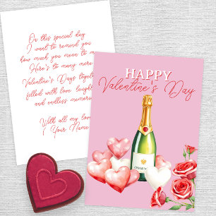 Tarjeta Día de San Valentín romántico con champán y rosas